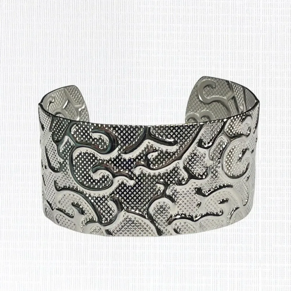 HOB Textured Cuff Bracelet Vines Scrollwork Silver Tone Stainless Steel Wide